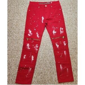 Lion Dynasty Red Slim Fit Jeans Paint Splatter Gold Zip Moto Style Rock Size‎ 32